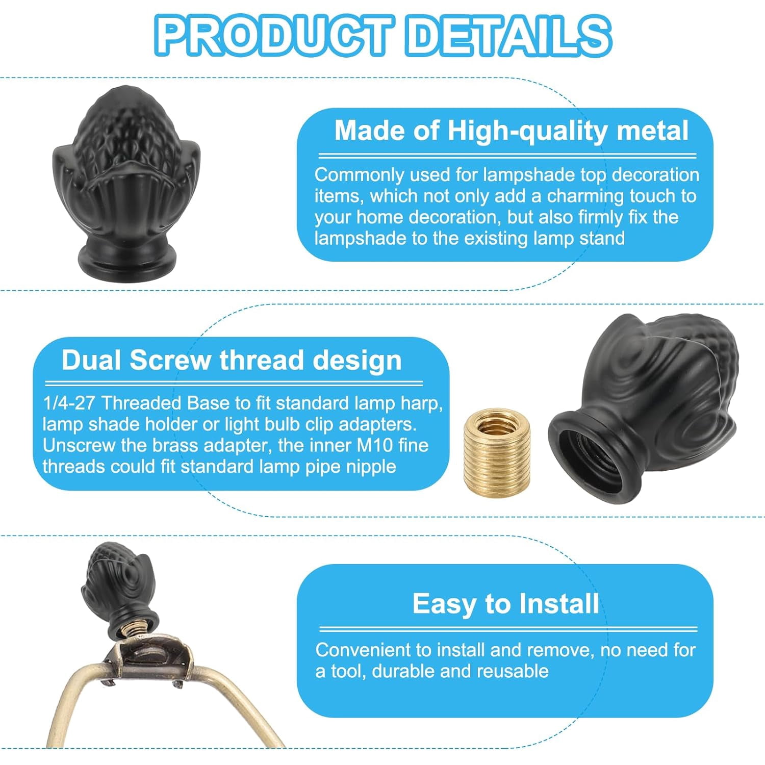 SHAANXIXIAN 36 x 28mm Lamp Finials Caps Knob, 1 Set Solid Lamp Shade ...