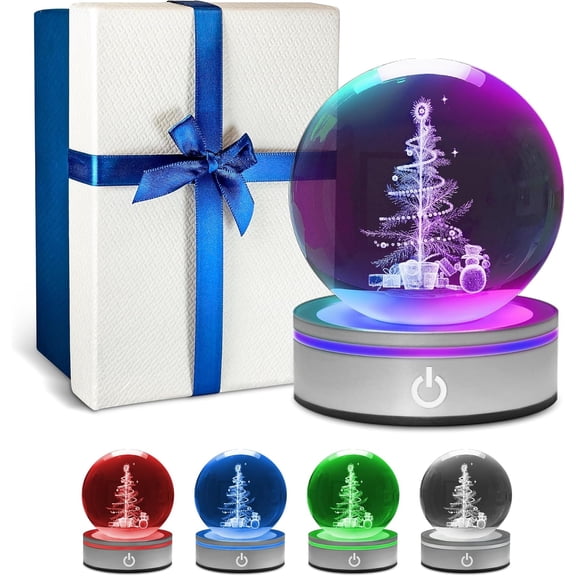 SHAANXIXIAN 3D Laser Etched Christmas Tree Crystal Ball, Full Sphere Glass Tabletop Lamp with Color-Changing LED Base Tabletop Lamp Decorative Night Light Plug in for Bedroom Home Office Decor