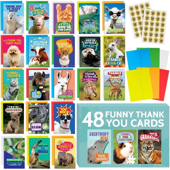 SHAANXIXIAN 48 Funny Thank You Cards with Colorful Envelopes and Gold Stickers - Bulk 4x6 Boxed Set for Employee Appreciation Cards, Kids, Friends, Staff and Customers - Cute Animal Designs