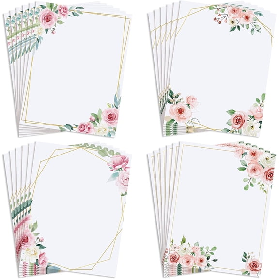 SHAANXIXIAN 48 Sheets Decorative Printer Paper Writing Scrapbook Wedding Program Paper 8.27 x 10.6 Inches Greenery Flower Border Writing for Drawing Office Thank Greeting Stationery Supplies (Rose)