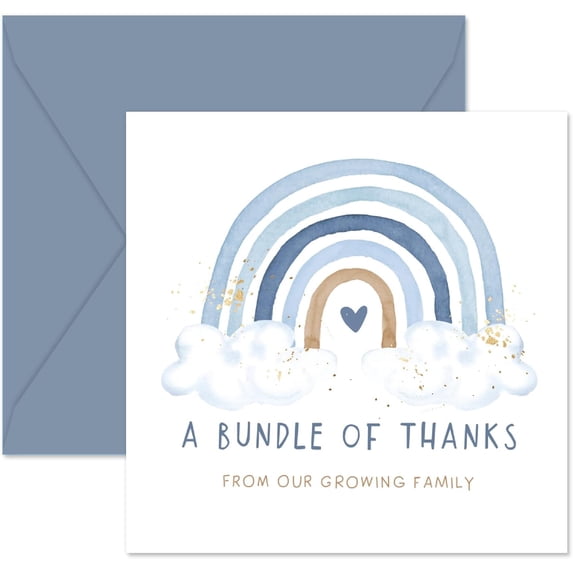 SHAANXIXIAN 50 Pack Blue Rainbow Thank You Cards Boxed 5 x 5 Inch A Bundle of Thanks From Our Growing Family Note Cards with Envelope Sticker Greeting Blank Card for Birthday Baby Shower