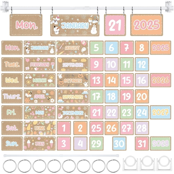 SHAANXIXIAN 54 Pcs Flip Calendar Bulletin Board Set Classroom Date Flip Chart Calendar for Classroom with Adjustable Holder for Back to School Elementary Must Have Supplies(Kraft Style,Boho Color)