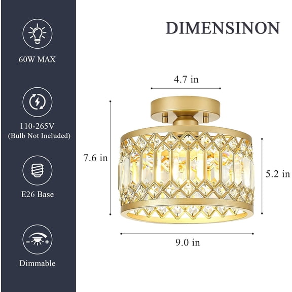 SHAANXIXIAN Crystal Gold Ceiling Light, Modern Semi Flush Mount Ceiling Lighting Fixture, Round Hallway Lighting Fixtures for Kitchen Entryway Bedroom Laundry Room, 1-Light, 9 Inch
