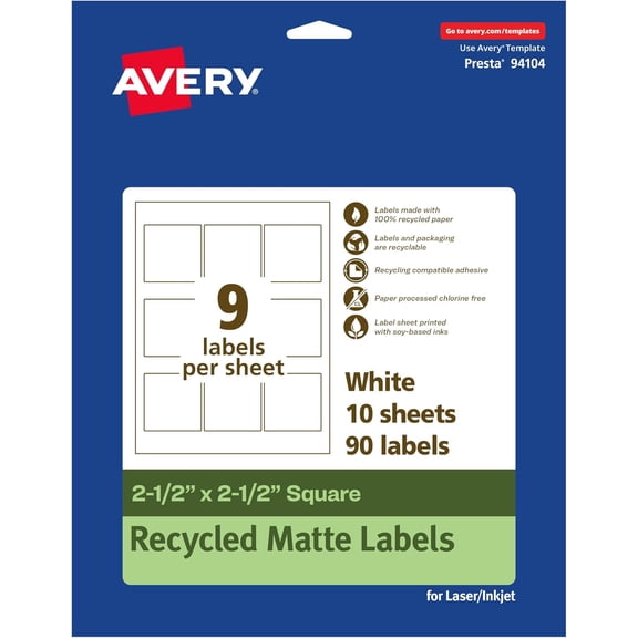 SHAANXIXIAN EcoFriendly Matte White Recycled Square Labels, 2.5" x 2.5", Matte White Labels, Permanent Adhesive, Laser/Inkjet Printable, 90 Total