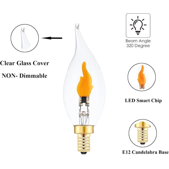 SHAANXIXIAN Flickering Flame Light Bulbs, E12 LED Flicker Candelabra Flame Effect Light Bulb for Decoration, Clear Glass CA11 Shape, 6 Pack