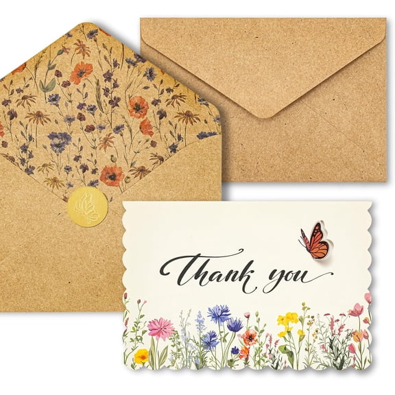 SHAANXIXIAN Floral Thank You Cards with Envelopes 24 PK, Wedding Cards Unique Floral Design, 4x6 Wildflower Thank You Notes for Baby Shower, Bridal Shower, Sympathy (White Butterfly)