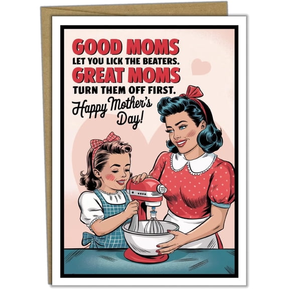 SHAANXIXIAN - Funny Mothers Day Card From Daughter, (Handmade in USA), Mothers Day Cards For Mom Funny, Kitchen Baking Theme, Retro Vintage 1950s Style, Premium Cardstock, Personalize (Blank Inside)