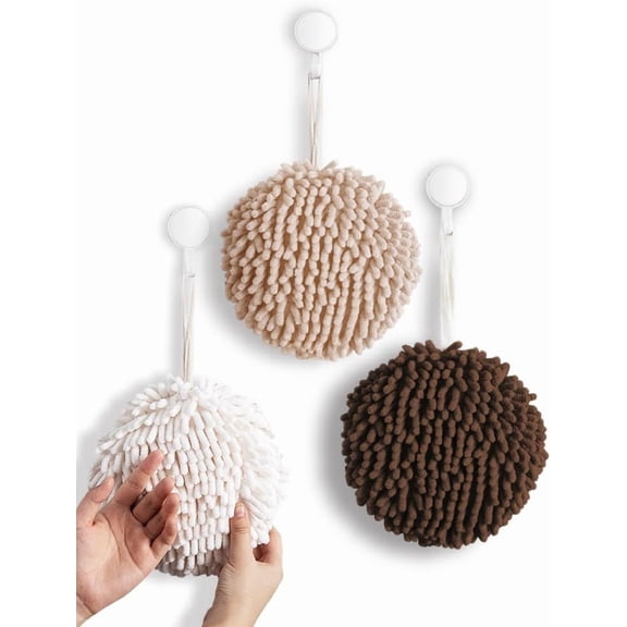 SHAANXIXIAN Fuzzy Ball Hand Towels (Value Pack of 3) New Triple Color Hand Towel Collection - Creative Bath Towel Set Dry Instantly with These Bathroom Towels (3-Pack White, Creamy & Brown)