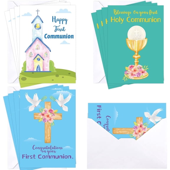 SHAANXIXIAN Holy First Communion Cards 12 PCS with Envelopes Message Inside for Sacrament Christian Religious Baptism 5X7 inch Baby Shower Confirmation 1st Communion Card