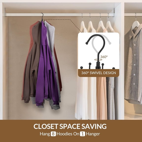 SHAANXIXIAN Hoodie Hangers, Rotatable Hoodie Organzier for Closet, Max 8 Storage Capacity Hoodies Holder, Metal Space Saving Closet Organizers and Storage, Black