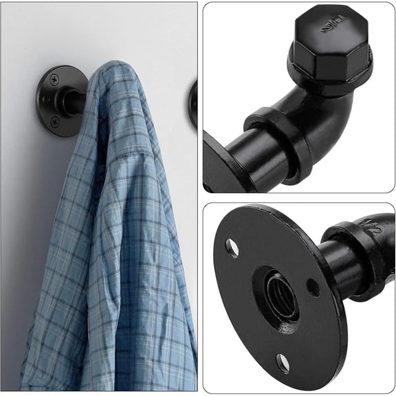 SHAANXIXIAN Industrial Pipe Hooks 3 Pack Iron Robe Hook, Heavy Duty DIY Wall Mounted Rustic Coat Hanger Hat Holder Decorative for Farmhouse Kitchen, Matte Black Hook