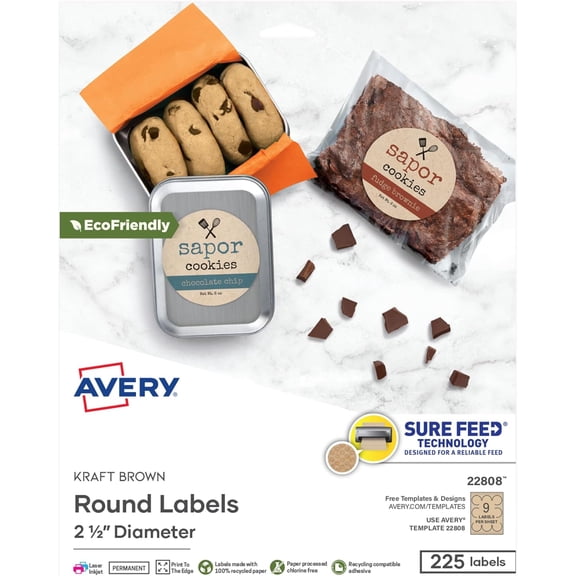 SHAANXIXIAN Kraft Brown Round Labels with Sure Feed Technology, 2.5" Diameter, Print to the Edge, Laser/Inkjet Printable Labels, 225 Total (22808)