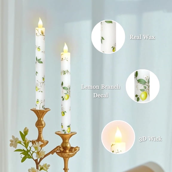 SHAANXIXIAN Lemon Decor Flameless Taper Candles with Remote & Timer, Battery Operated Flickering Candlesticks, Real Wax LED Taper Candles for Dinner Table Christmas Home Party Decor, Set of 2