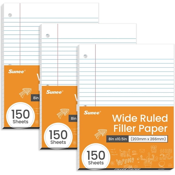 SHAANXIXIAN Loose Leaf Paper, 450 Sheets, 3 Pack Wide Ruled Paper, 8 x 10-1/2 Inch Filler Paper, 3 Hole Punch Binder Paper, Loose Leaf Notebook Paper, 150 Sheets/Pack