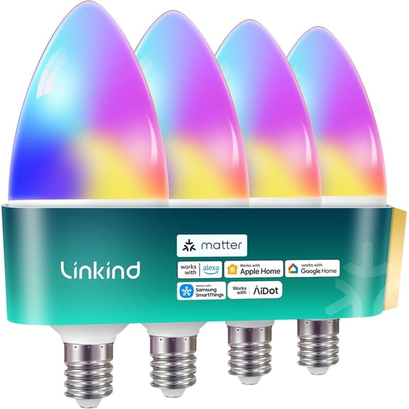 SHAANXIXIAN Matter Smart Bulbs, E12 Led Bulb Works with Alexa/Apple Home/Google Home, Smart Light Bulbs, WiFi Candelabra B11 Bulbs, RGBTW Color Changing Light Bulb, 2.4Ghz WiFi Bulb, 470 LM 4 Pack