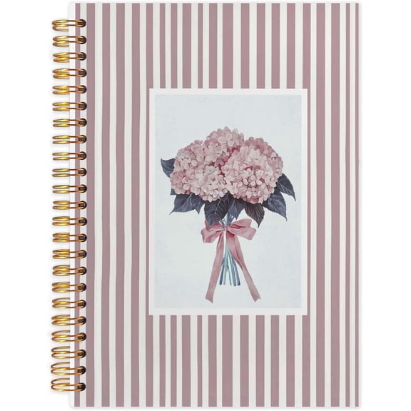 SHAANXIXIAN Pink Hydrangea Floral Spiral Notebook Journal 5.5x8.3, Coquette Bow Hydrangea Flower Striped Journals for Writing, Pink Office Supplies, Floral Hardcover Notebooks for Note Taking