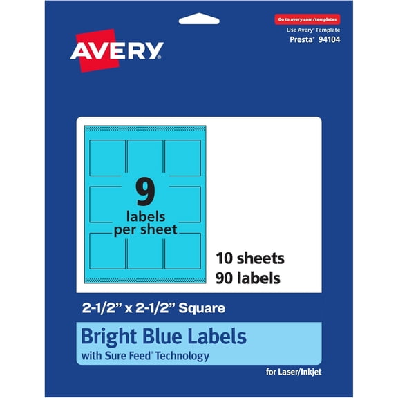 SHAANXIXIAN Printable Square Labels, Sure Feed Technology, 2-1/2" x 2-1/2", Bright Blue Labels, Laser/Inkjet Printable, 90 Total, Great for Jars and Packaging