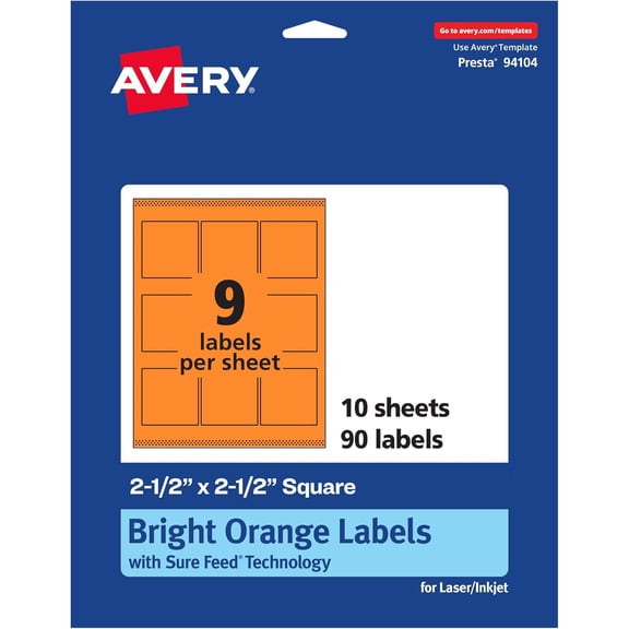 SHAANXIXIAN Printable Square Labels, Sure Feed Technology, 2-1/2" x 2-1/2", Bright Orange Labels, Laser/Inkjet Printable, 90 Total, Great for Jars and Packaging