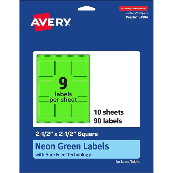 SHAANXIXIAN Printable Square Labels, Sure Feed Technology, 2-1/2" x 2-1/2", Neon Green Labels, Laser/Inkjet Printable, 90 Total, Great for Jars and Packaging