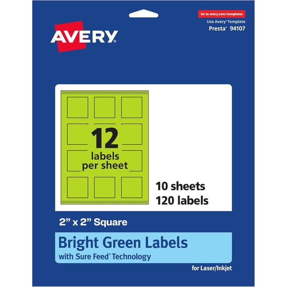 SHAANXIXIAN Printable Square Labels, Sure Feed Technology, 2" x 2", Bright Green Labels, Print-to-The-Edge, Laser/Inkjet Printable, 120 Total, Great for Jars and Packaging