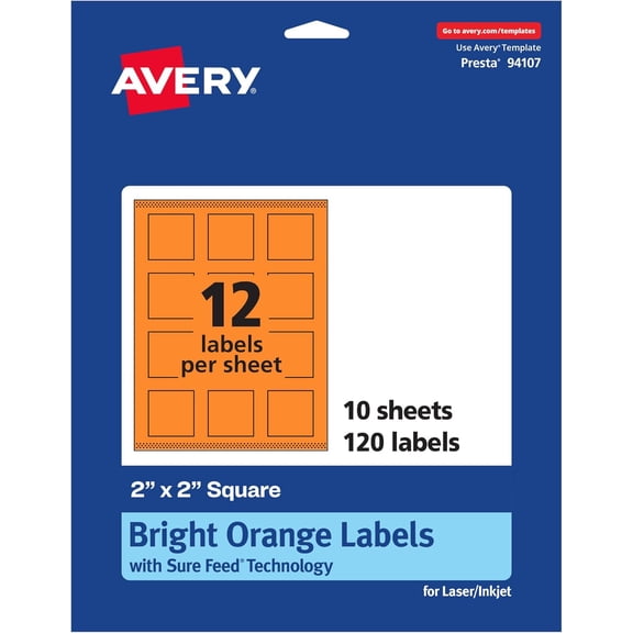 SHAANXIXIAN Printable Square Labels, Sure Feed Technology, 2" x 2", Bright Orange Labels, Print-to-The-Edge, Laser/Inkjet Printable, 120 Total, Great for Jars and Packaging