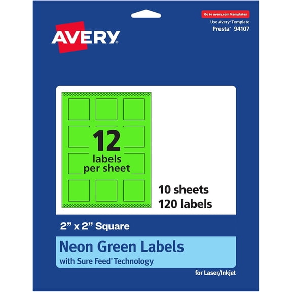 SHAANXIXIAN Printable Square Labels, Sure Feed Technology, 2" x 2", Neon Green Labels, Print-to-The-Edge, Laser/Inkjet Printable, 120 Total, Great for Jars and Packaging