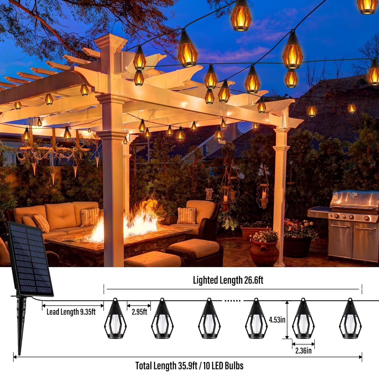 SHAANXIXIAN Solar Flame Lights, 27Ft 10 LED Bulbs Flickering Flame ...