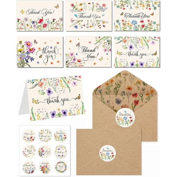 SHAANXIXIAN Thank You Cards 24 Pcs with Kraft Envelopes and Stickers Wildflower Design Blank Note Cards for Wedding, Business, Baby Shower, Funeral, Graduation, Bridal Shower (4x6 Inch)