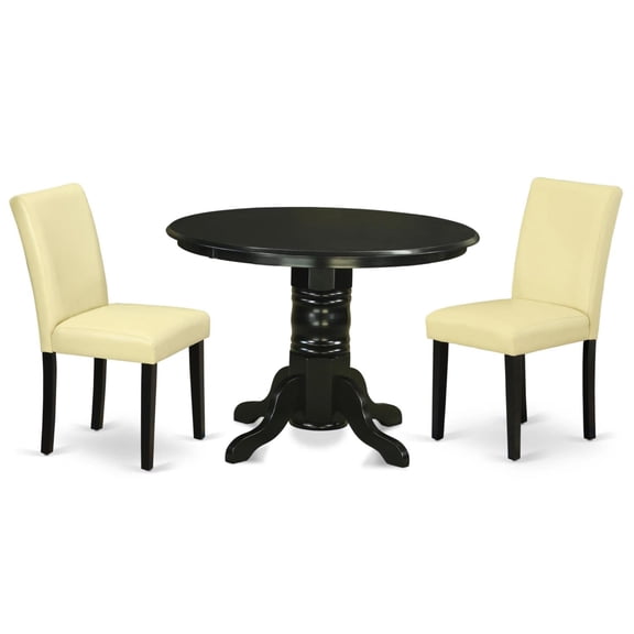 SHAB3-BLK-73 3Pc Round 42 Inch Dining Room Table And A Pair Of Parson Chair With Black Leg And Pu Leather Color Eggnog