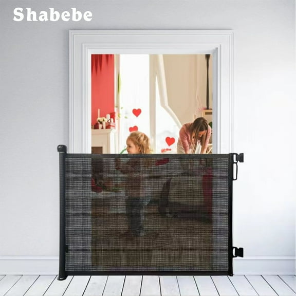 SHABEBE Retractable Baby Gate, 33" Tall, Extends up to 55'' Wide, Black/Child Safety Baby Gates Mesh, Punch-Free Pet Dog Gates for Stairs, Doorways, Hallways