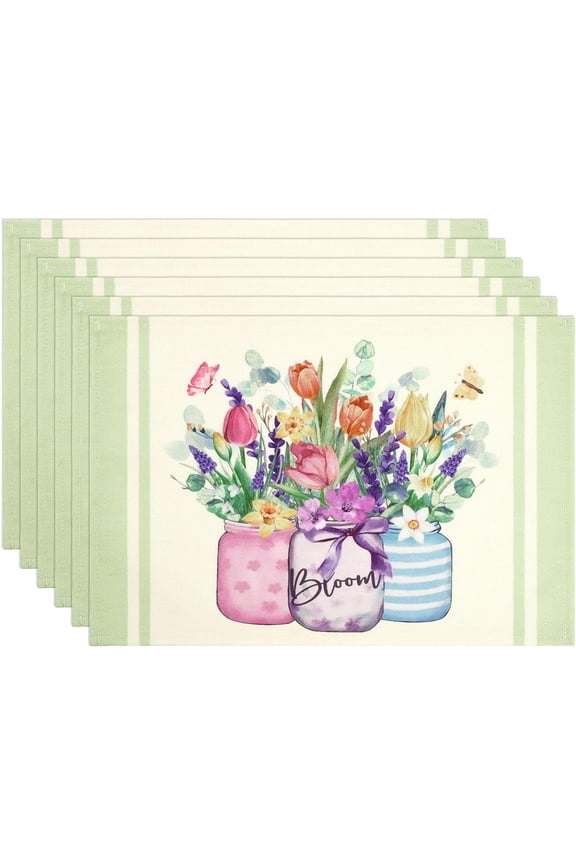 SHACOS Spring Placemats 6pcs 12x18 Inch Tulips Lavender Eucalyptus Wild Flower Vases Farmhouse Linen Style Table Mats Waterproof Spring Kitchen Dining Table Decoration Indoor Outdoor Home Party Decor