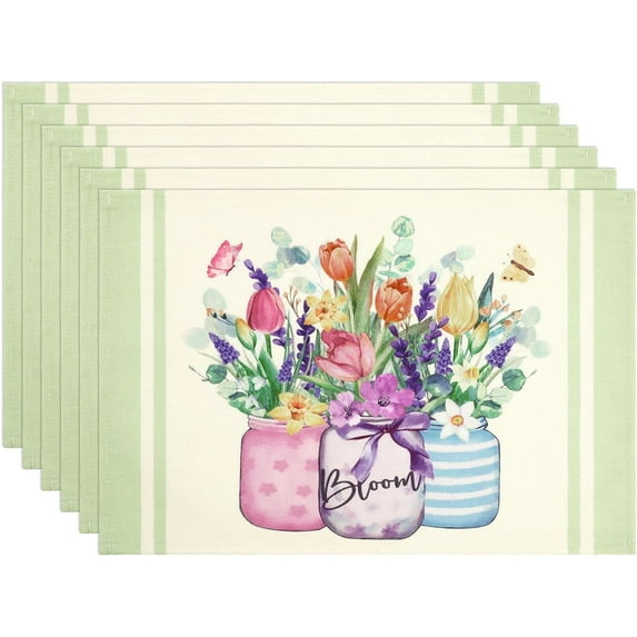 SHACOS Spring Placemats 6pcs 12x18 Inch Tulips Lavender Eucalyptus Wild Flower Vases Farmhouse Linen Style Table Mats Waterproof Spring Kitchen Dining Table Decoration Indoor Outdoor Home Party Decor