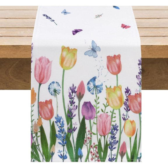 SHACOS Spring Table Runner 13x72 Inch Tulip Lavender Flowers Linen Style Table Runner Waterproof Farmhouse Spring Kitchen Dining Table Decoration Indoor Outdoor Home Party Decor