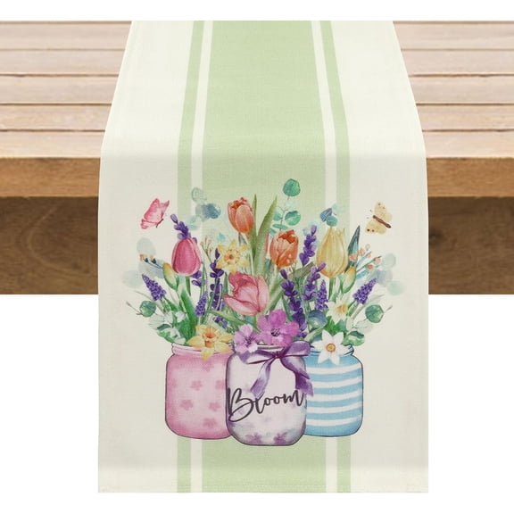 SHACOS Spring Table Runner 13x72 Inch Tulips Lavender Eucalyptus Wild Flower Vases Farmhouse Linen Style Table Runner Waterproof Spring Kitchen Dining Table Decoration Indoor Outdoor Home Party Decor