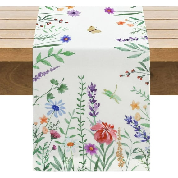 SHACOS Spring Table Runner 13x72 Inch Wild Flowers Farmhouse Linen Style Table Runner Waterproof Spring Kitchen Dining Table Decoration Indoor Outdoor Home Party Decor
