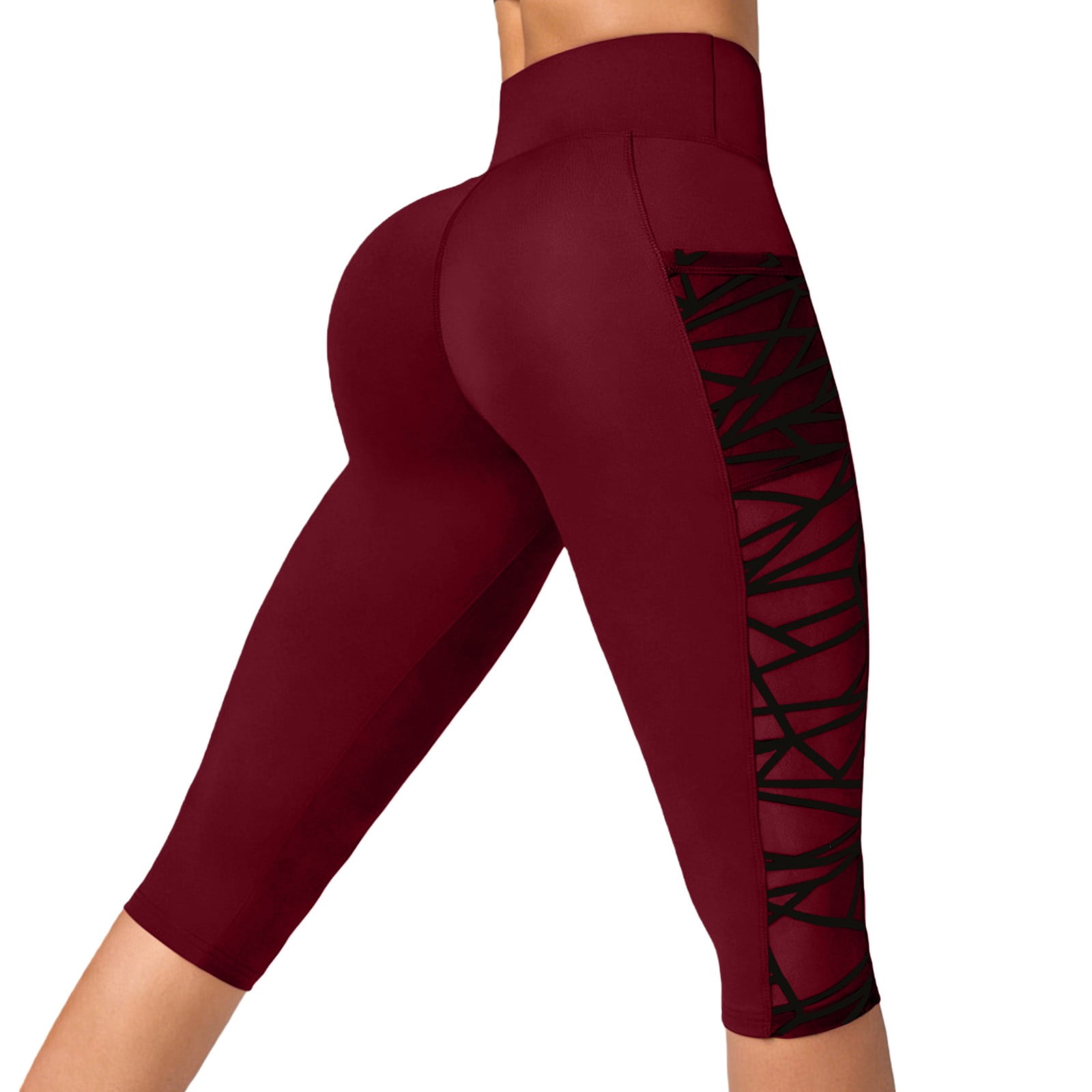 SHAFX 3D Anti Cellulite Leggings for Women Mesh Stitching Hip Lifting Fitness Outdoor Gym Workout Breathable Butt Lifting Licras Para Mujer Pull on Knee Length Capri Wine S