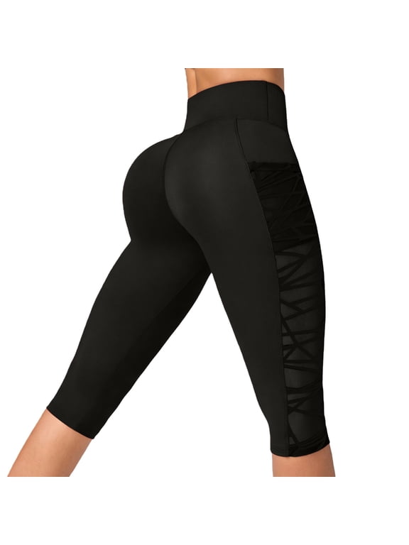 SHAFX Athletic Shorts for Women Mesh Stitching Hip Lifting Circulation Leggings Leggins De Compresion Para Mujeres Pull on Knee Length Capri High Waisted Pants Black S