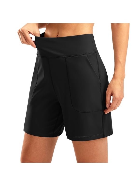 SHAFX yoga workout shorts women High Waisted Shorts Comfy Walking Running Casual Pants with Two Side Pockets Relaxed Fit Athletic sports Breathable Bermuda Shorts for Summer Black S