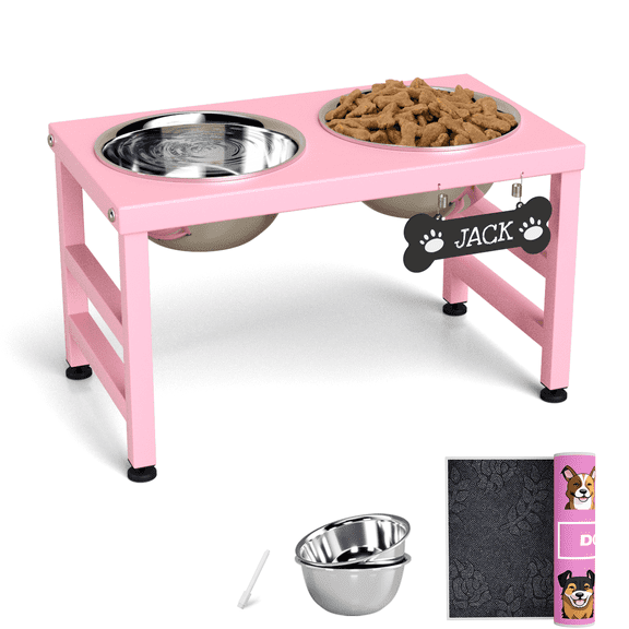 SHAINFUN Elevated Dog Bowl Stand, 10 Inch Iron Feeder with 2 1700ml (58oz)Bowls Anti Spill Mat, Bone Nameplate And Pen For Dogs, Pink