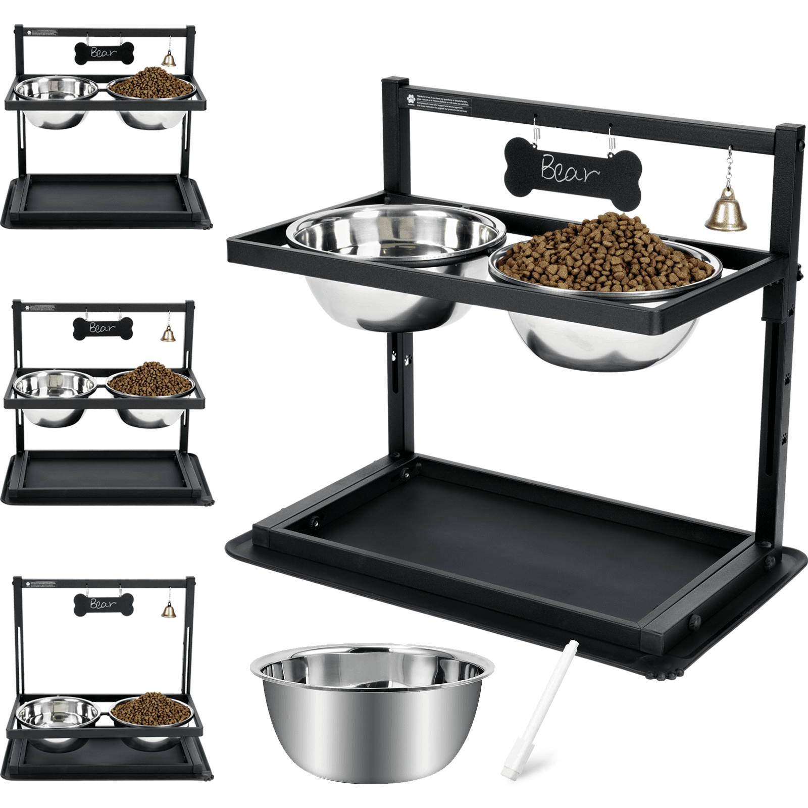 Adjustable Height Black Metal Elevated Dog Bowl Stand with Stainless Steel Bowls