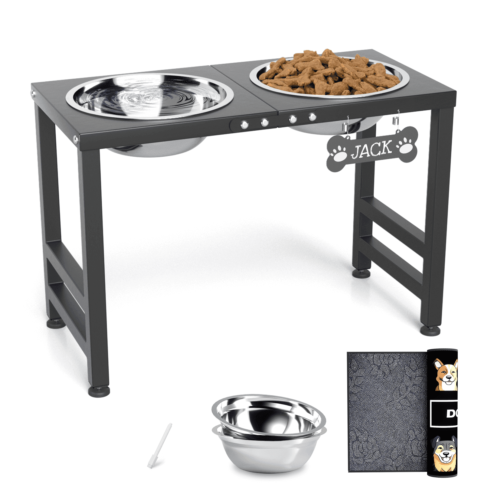 SHAINFUN Metal Raised Dog Bowl Stand for Large Dogs with 2000ml(68oz) Bowls Anti Spill Mat Bone Nameplate Pen For Large Dogs