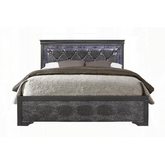 SHAKER GREY QUEEN BED FEATURING LED AND CRYSTAL INSPIRED TUFTED HEADBOARD