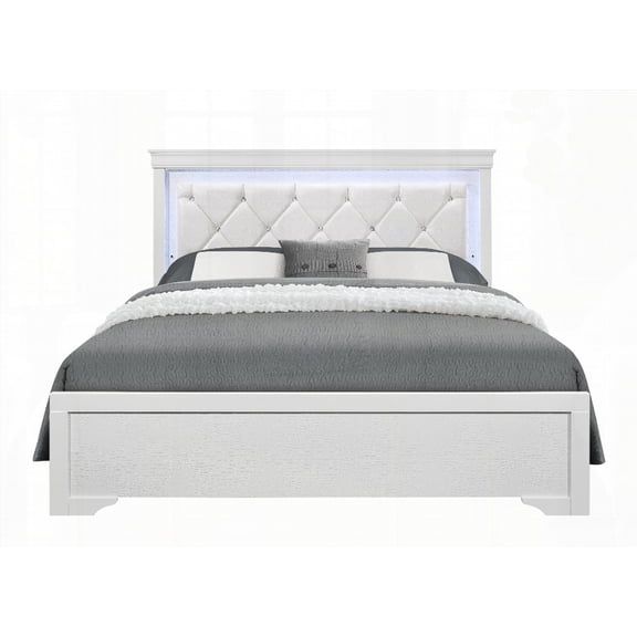 SHAKER WHITE QUEEN BED FEATURING LED AND CRYSTAL TUFTED HEADBOARD