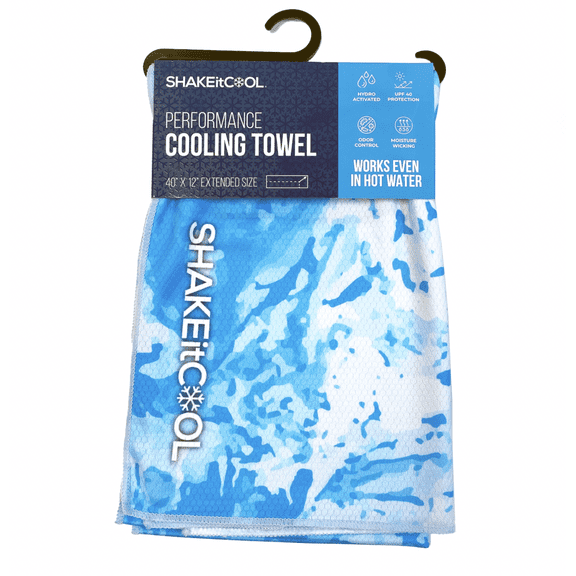 SHAKEitCOOL 40x12in Extended Cooling Towel – Be Cool in Style - Heat Relief, Soft, Lightweight, UPF 40 Sun Protection, Yoga Towel - Blue Camo