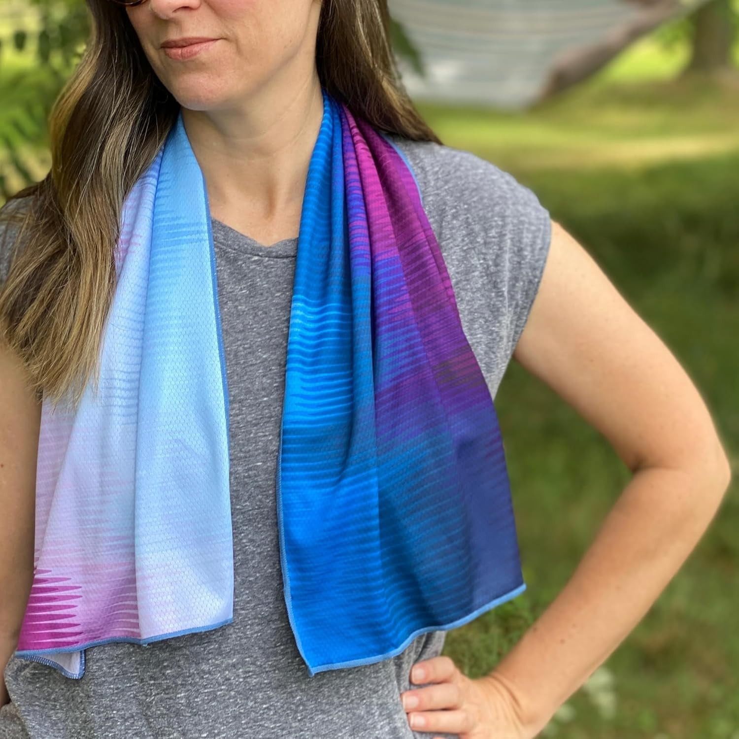 SHAKEitCOOL Extended Size Cooling Towel – Be Cool in Style - Heat Relief, Soft, Lightweight, Sun Protection, Easy Clean - Perfect for Biking, Hiking, Running, Yoga, Golf - Blue Purple Wave