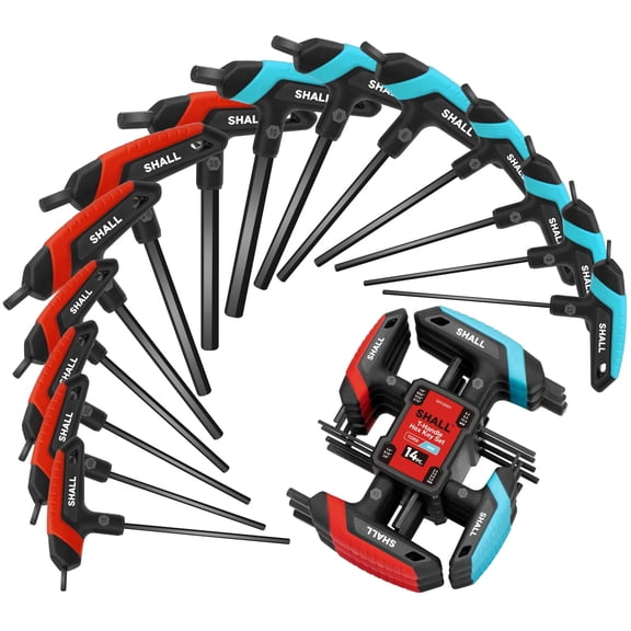 SHALL 14-Piece Allen Wrenches Sets, Metric & SAE T-Handle Allen Wrench Set, Long Arm Hex Key Set with Portable Storage Rack, Ideal for Auto & Bike Repair, DIY, Home Repair and Mechanics Maintenance