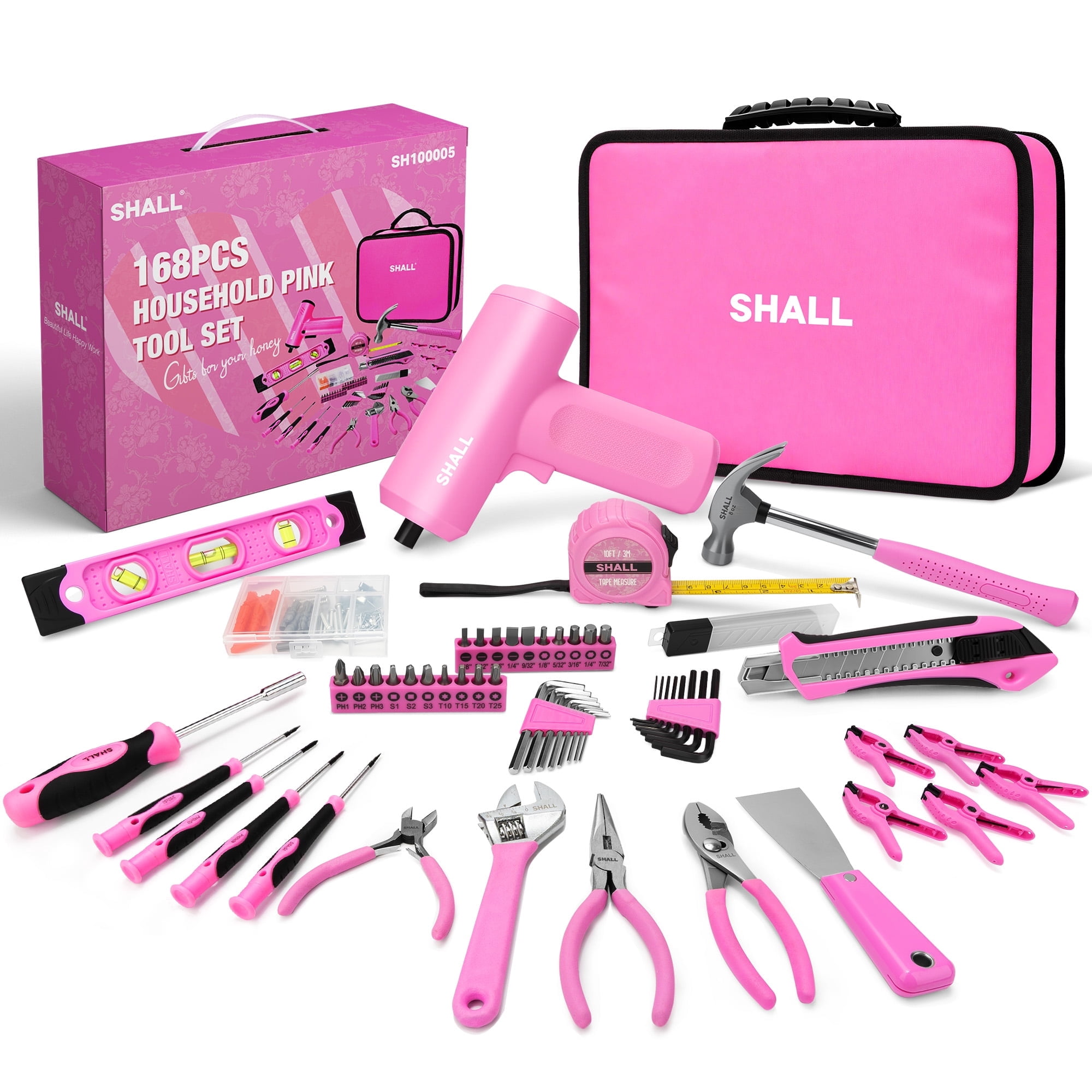 SHALL Pink Tool Set for Home, 168pcs Power Tool Set for Women  with Electric Screwdriver & 14" Large Tool Bag Organizer