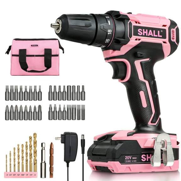 SHALL 20V Cordless Drill Set, Power Drill Cordless, Pink Electric Drill with 34pcs Drill Bit Set