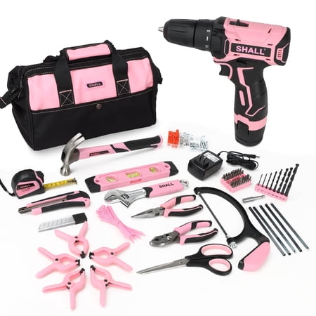 SHALL 222-Piece Cordless Drill Set, 12V Electric Drill Sets Combo Kit with Pink Tool Bag for Women
