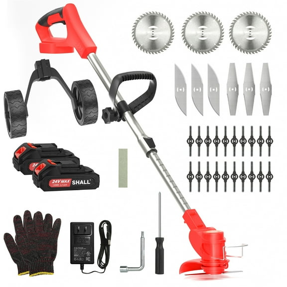 SHALL 24V Cordless Grass Trimmer, 4-in-1 Electric Weed Wacker, 2 x 2.0Ah Battery Powered Weed Eater, Telescopic Brush Cutter with 3 Types Blades & Wheels for Garden